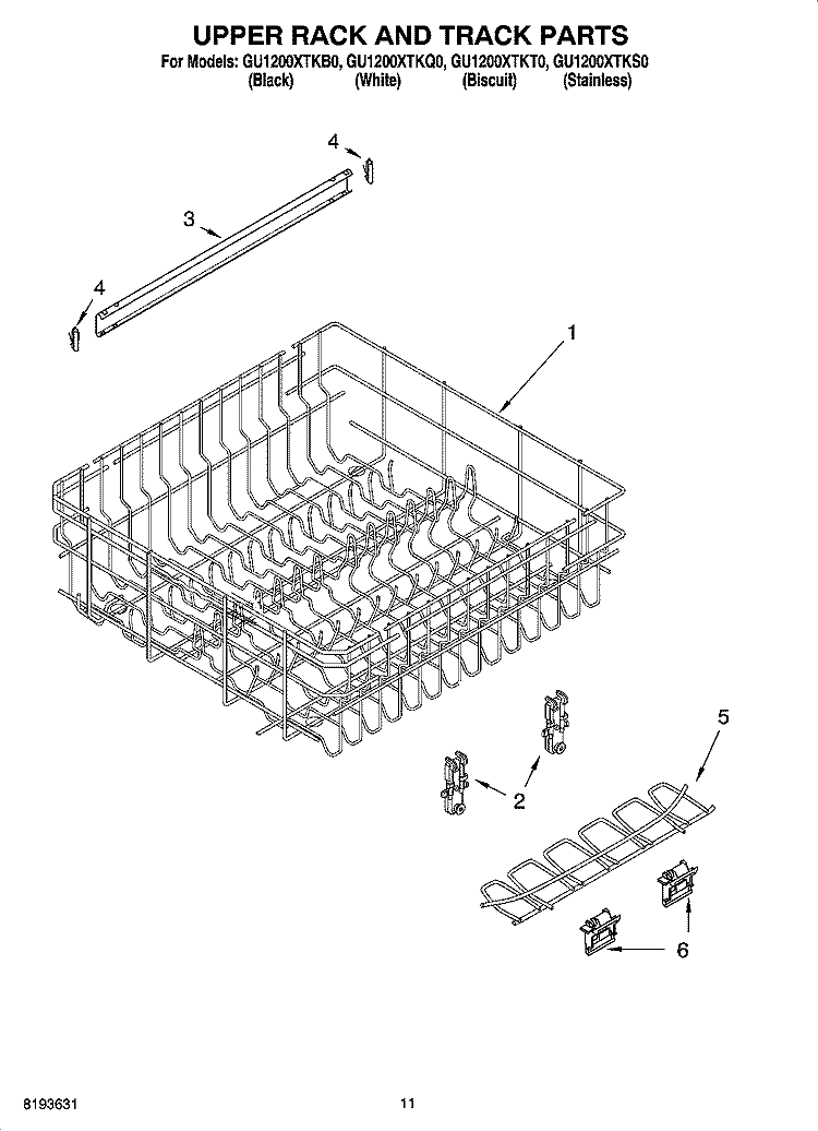 UPPER RACK AND TRACK PARTS Diagram and Parts List for GU1200XTKT0  Whirlpool Dishwasher