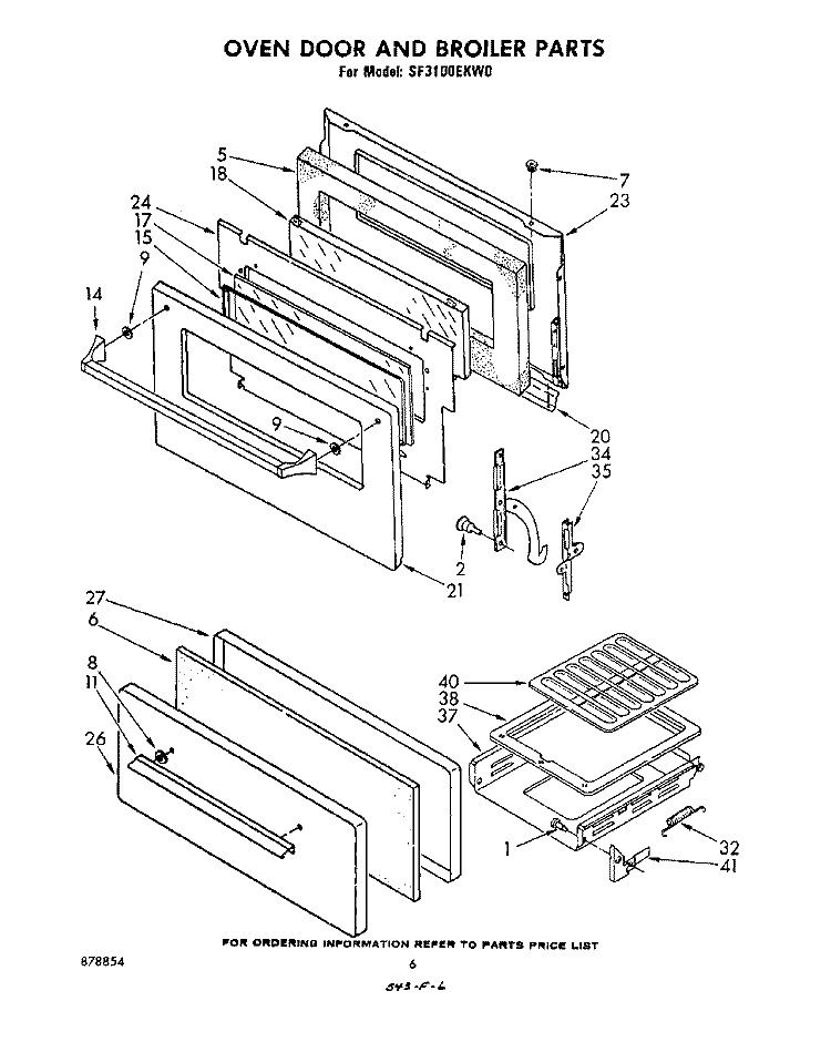 OVEN DOOR AND BROILER Diagram and Parts List for SF3100EKW0  Whirlpool Range