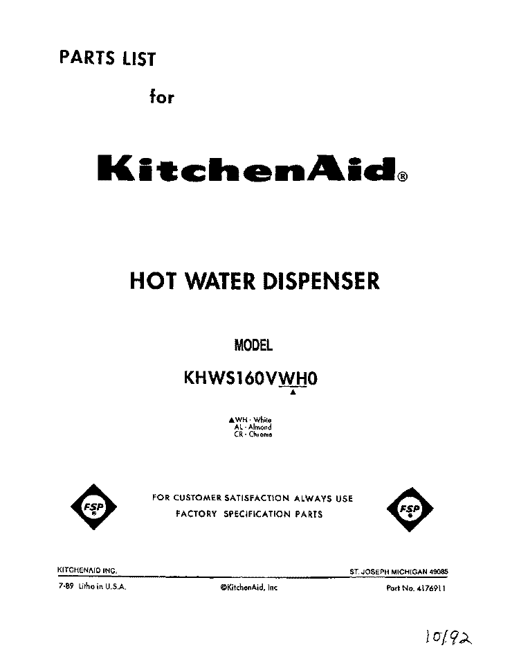 SECTION Diagram and Parts List for KHWS160VWH0  KitchenAid Miscellaneous