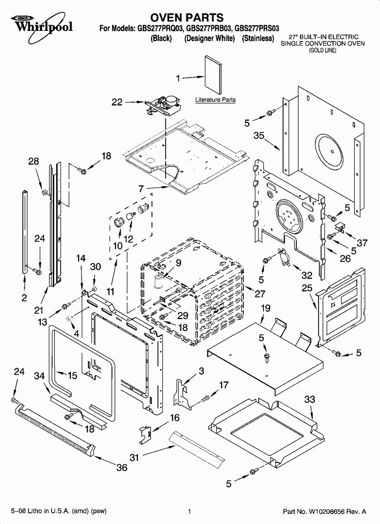 OVEN PARTS Diagram and Parts List for GBS277PRQ03  Whirlpool Wall Oven