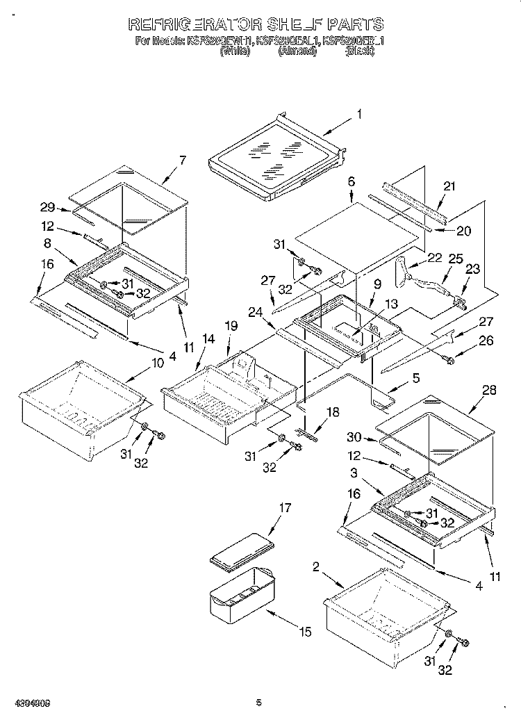 REFRIGERATOR SHELF Diagram and Parts List for KSFS20QEAL1  KitchenAid Refrigerator