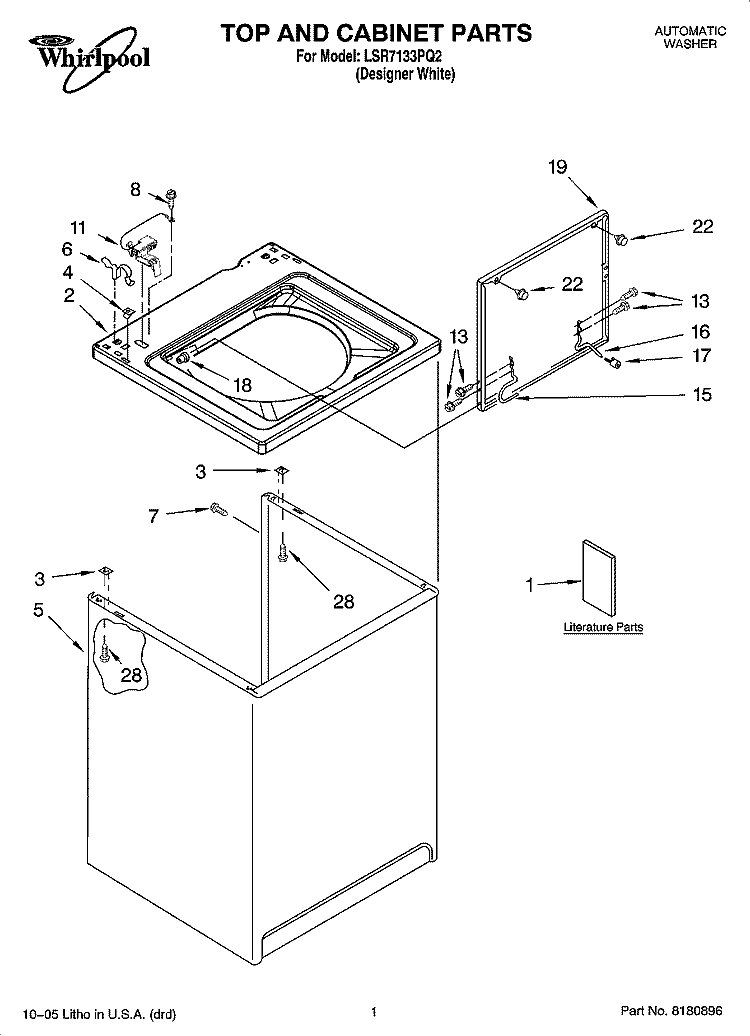 TOP AND CABINET PARTS Diagram and Parts List for LSR7133PQ2  Whirlpool Washer
