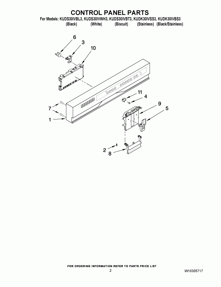 CONTROL PANEL PARTS Diagram and Parts List for KUDK30IVSS3  Whirlpool Dishwasher