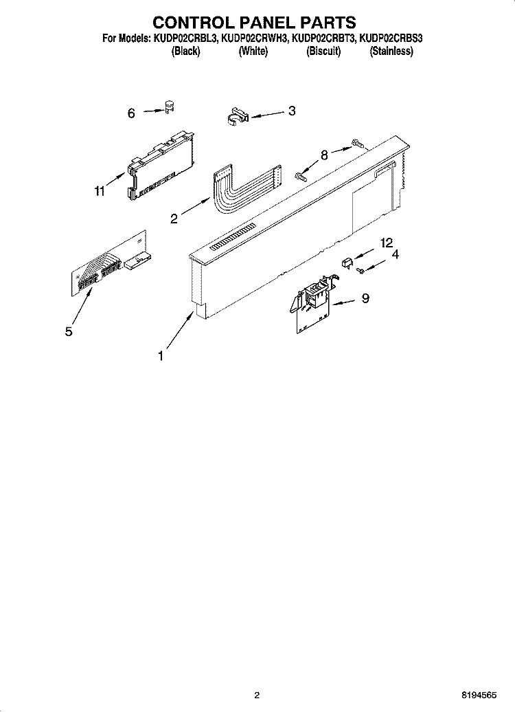 CONTROL PANEL PARTS Diagram and Parts List for KUDP02CRBL3  KitchenAid Dishwasher