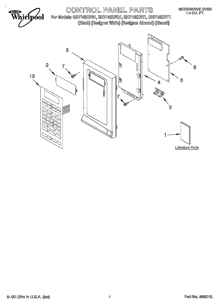 CONTROL PANEL, LITERATURE Diagram and Parts List for GH7145XFZ1  Whirlpool Microwave
