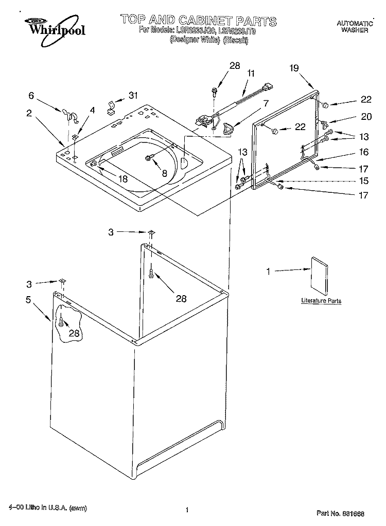 TOP AND CABINET, LITERATURE Diagram and Parts List for LSR8233JT0  Whirlpool Washer