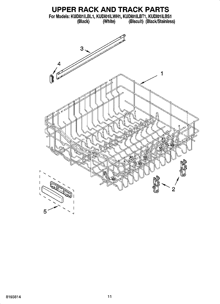 UPPER RACK AND TRACK PARTS Diagram and Parts List for KUDI01ILBS1  KitchenAid Dishwasher