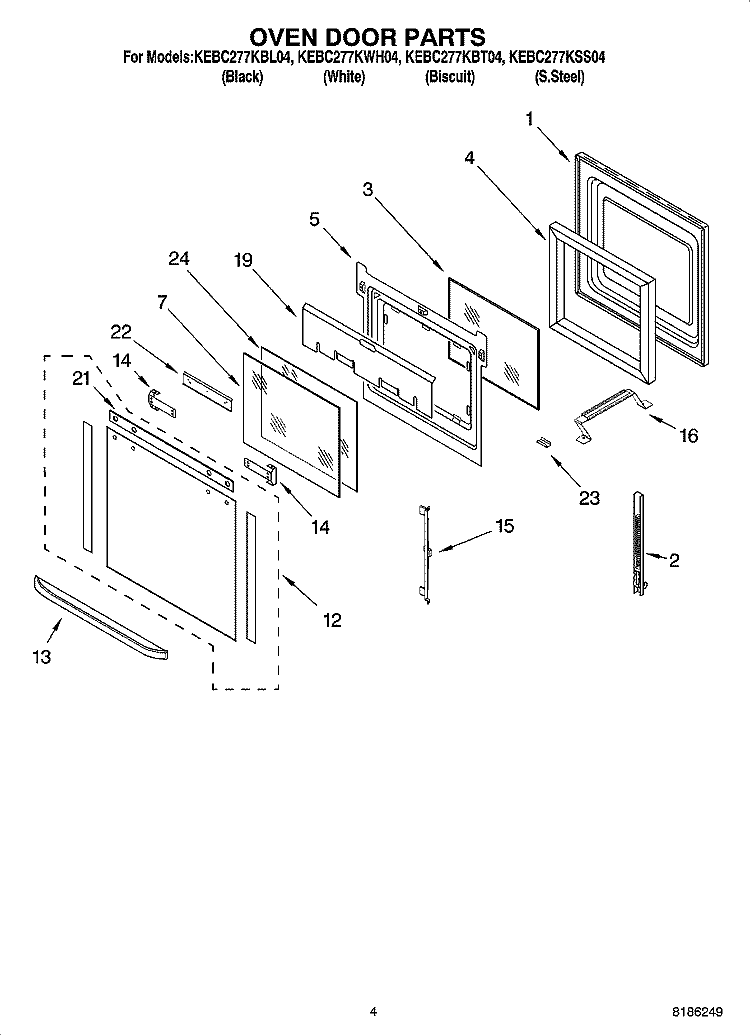 OVEN DOOR PARTS Diagram and Parts List for KEBC277KBL04  KitchenAid Wall Oven