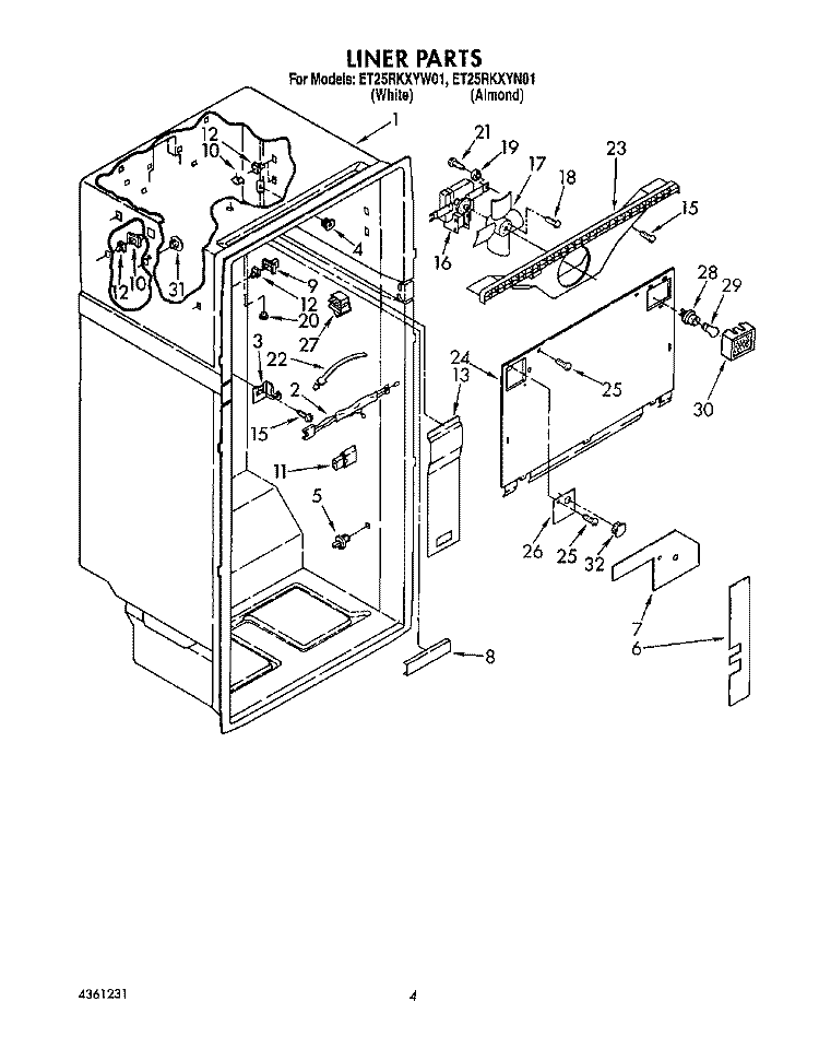 LINER Diagram and Parts List for ET25RKXYW01  Whirlpool Refrigerator