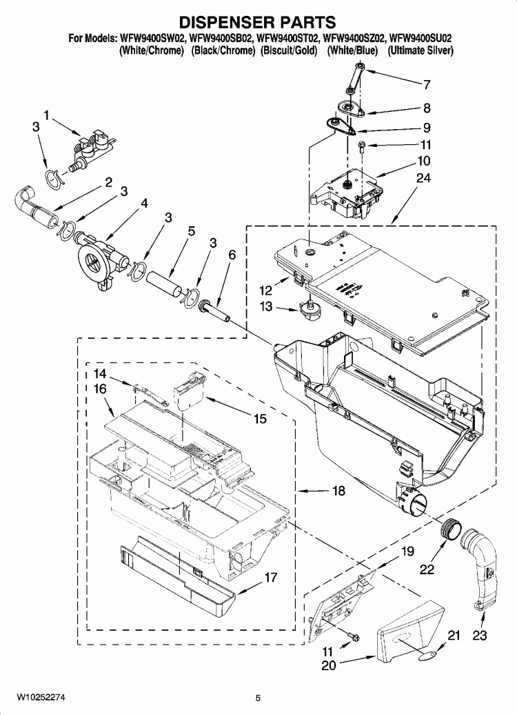 DISPENSER PARTS Diagram and Parts List for WFW9400ST02  Whirlpool Washer