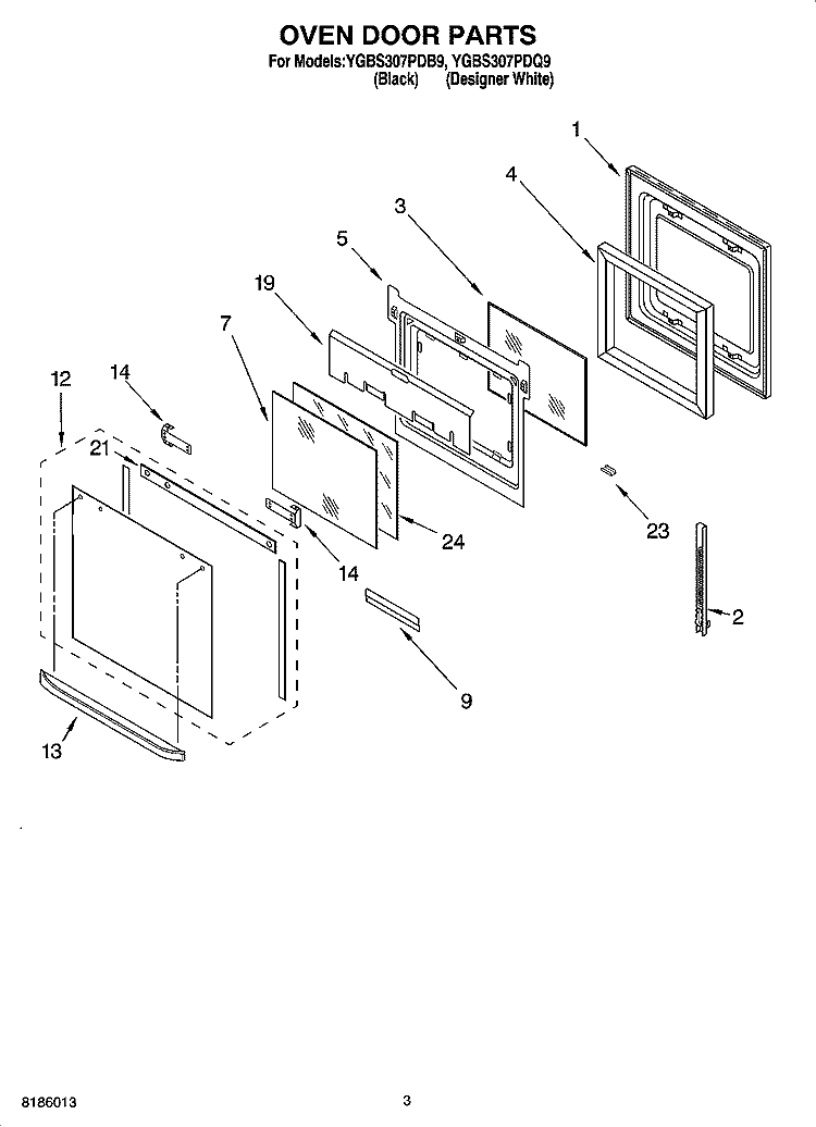 OVEN DOOR PARTS Diagram and Parts List for YGBS307PDB9  Whirlpool Wall Oven