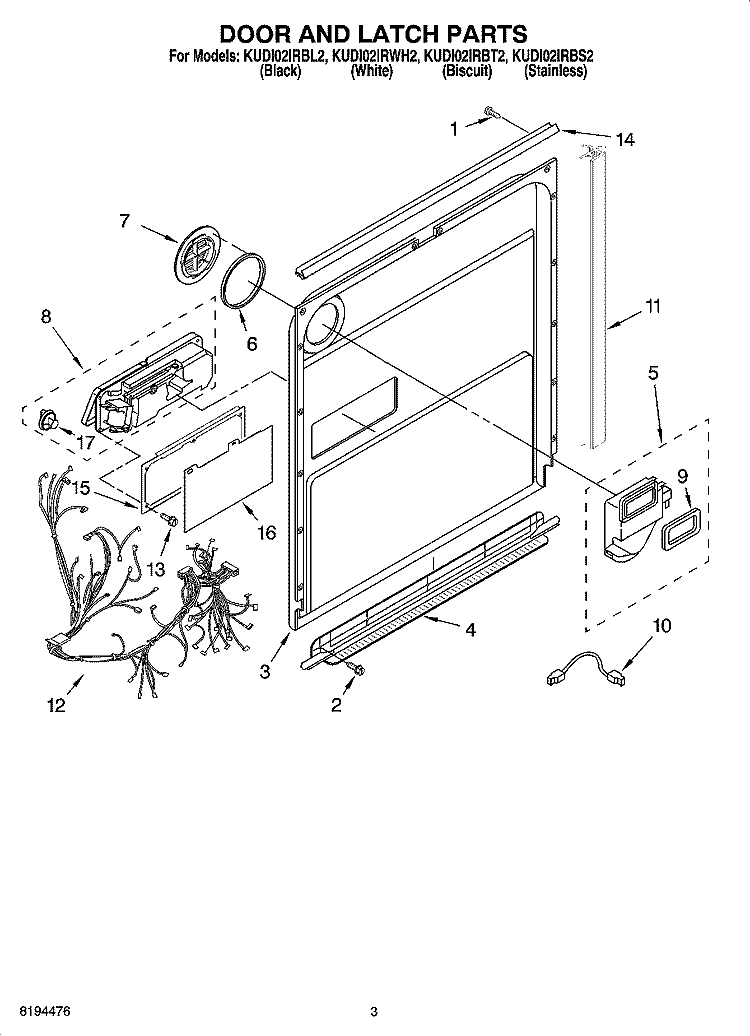 DOOR AND LATCH PARTS Diagram and Parts List for KUDI02IRWH2  KitchenAid Dishwasher