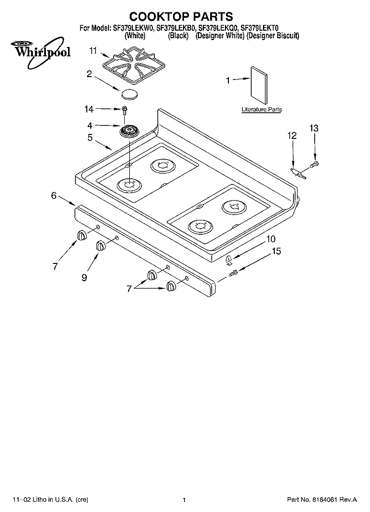 COOKTOP, LITERATURE Diagram and Parts List for SF379LEKW0  Whirlpool Range