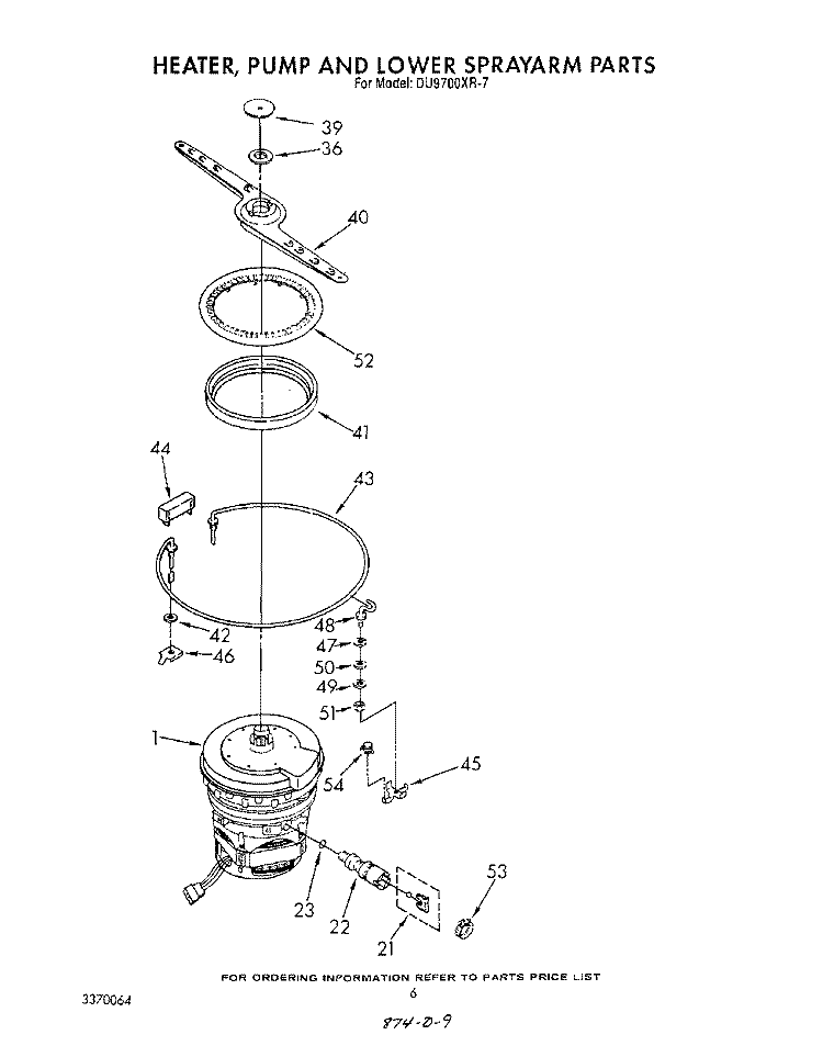 HEATER, PUMP AND LOWER SPRAY ARM Diagram and Parts List for DU9700XR7  Whirlpool Dishwasher
