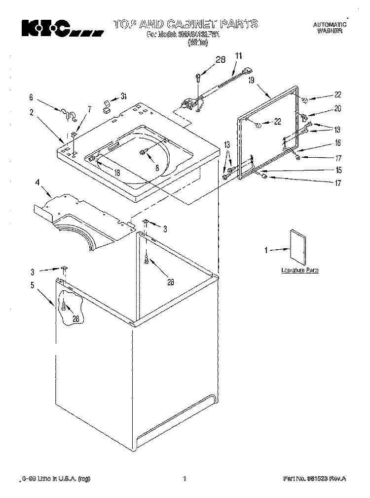 TOP AND CABINET, LITERATURE Diagram and Parts List for 3MAS4132FW1  Whirlpool Washer