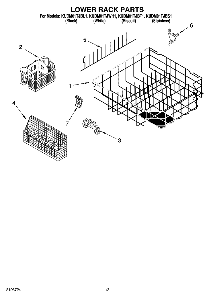 LOWER RACK PARTS Diagram and Parts List for KUDM01TJBT1  KitchenAid Dishwasher