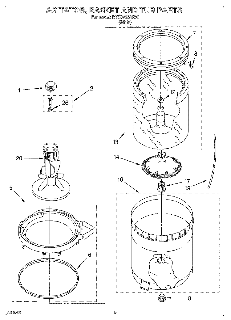 AGITATOR, BASKET AND TUB Diagram and Parts List for BYCW6292W0  Whirlpool Washer