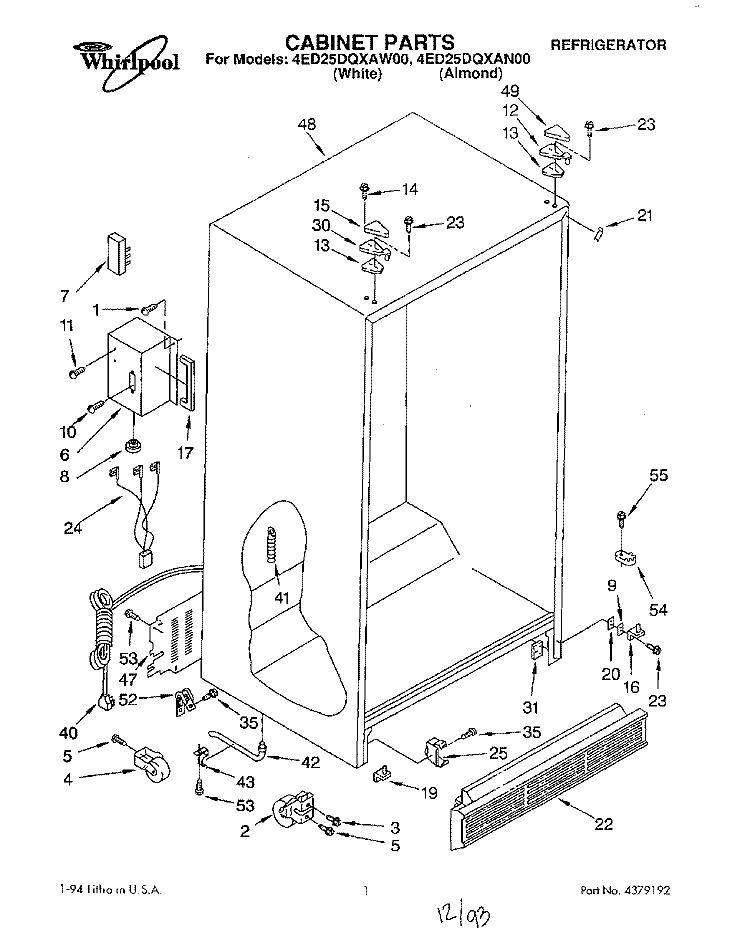 CABINET Diagram and Parts List for 4ED25DQXAW00  Whirlpool Refrigerator