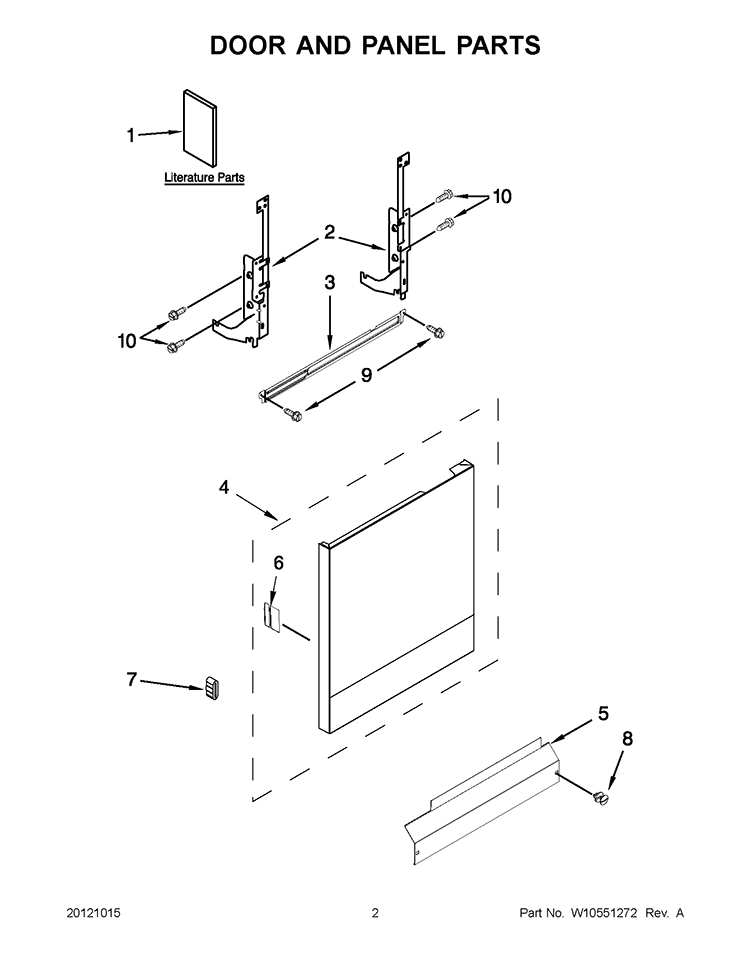 DOOR AND PANEL PARTS Diagram and Parts List for WDP350PAAW0  Whirlpool Dishwasher