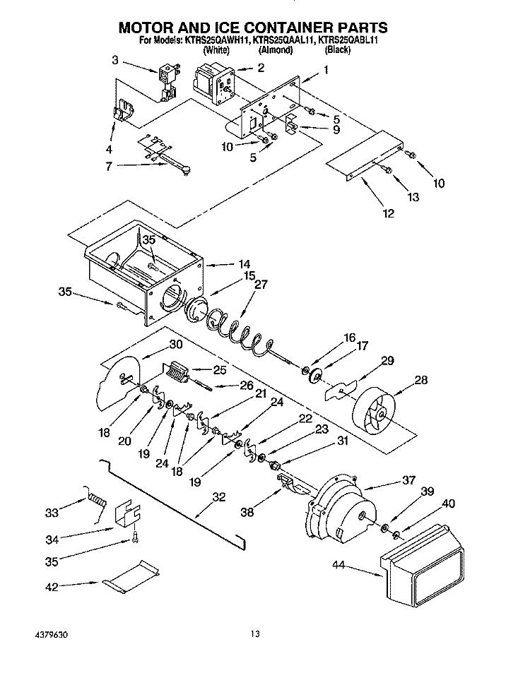 MOTOR AND ICE CONTAINER Diagram and Parts List for KTRS25QAAL11  KitchenAid Refrigerator
