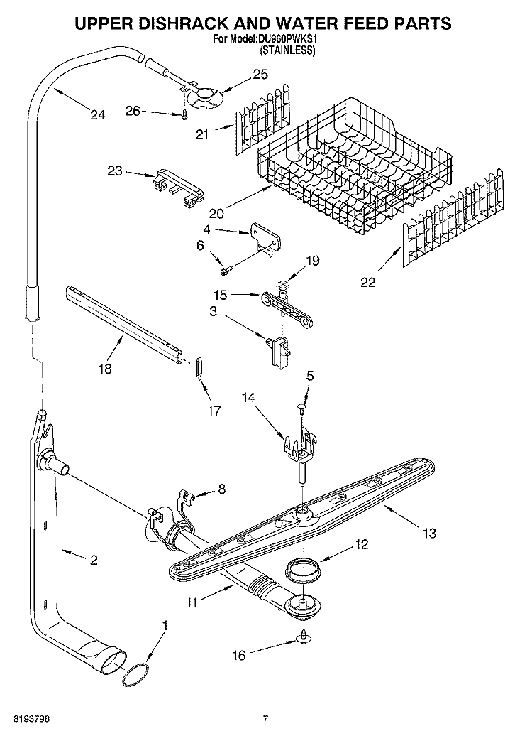 UPPER DISHRACK AND WATER FEED PARTS Diagram and Parts List for DU960PWKS1  Whirlpool Dishwasher