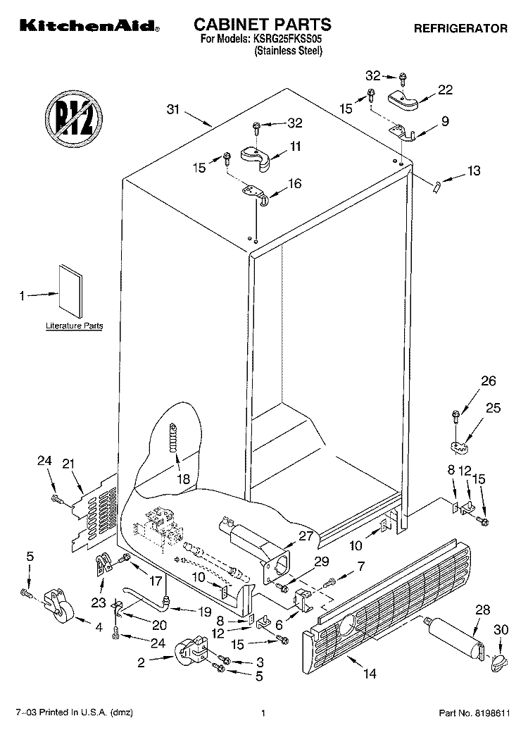 CABINET PARTS Diagram and Parts List for KSRG25FKSS05  KitchenAid Refrigerator