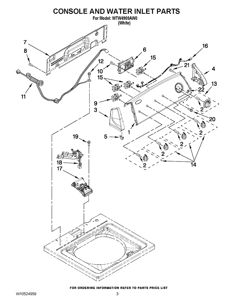 CONSOLE AND WATER INLET PARTS Diagram and Parts List for WTW4900AW0  Whirlpool Washer