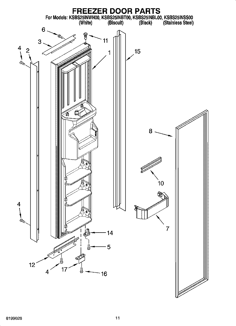 FREEZER DOOR PARTS Diagram and Parts List for KSBS25INBL00  KitchenAid Refrigerator