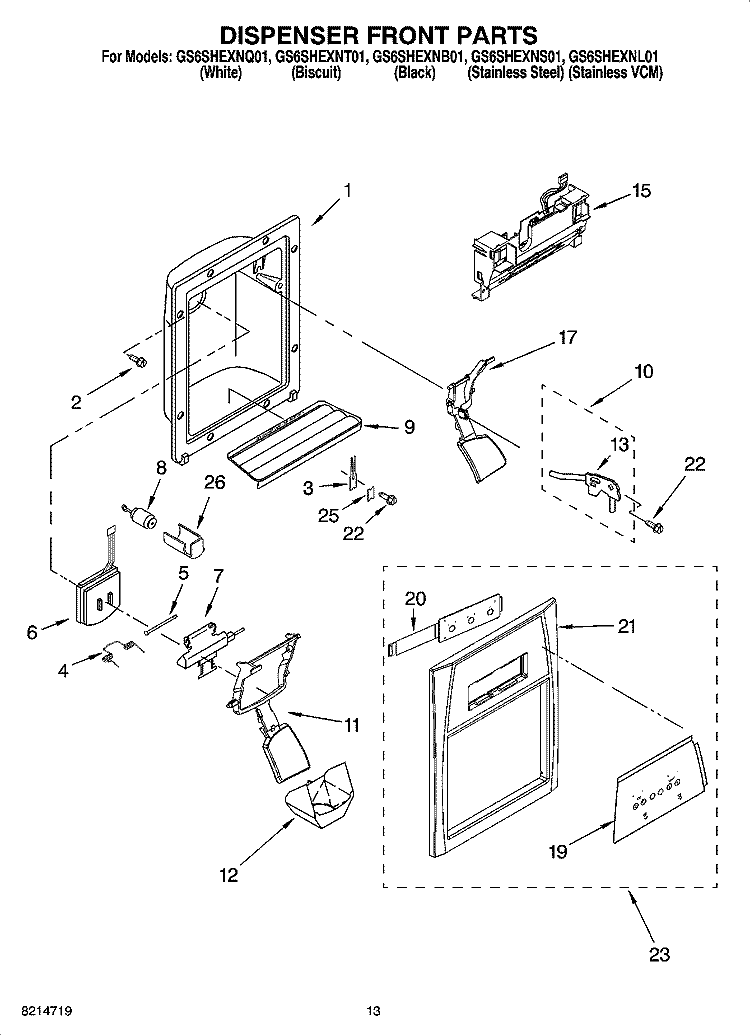 DISPENSER FRONT PARTS Diagram and Parts List for GS6SHEXNL01  Whirlpool Refrigerator
