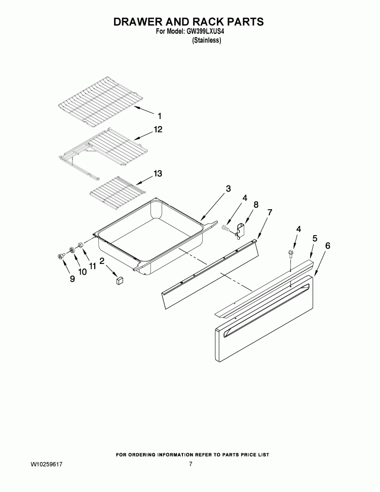 DRAWER AND RACK PARTS Diagram and Parts List for GW399LXUS4  Whirlpool Range