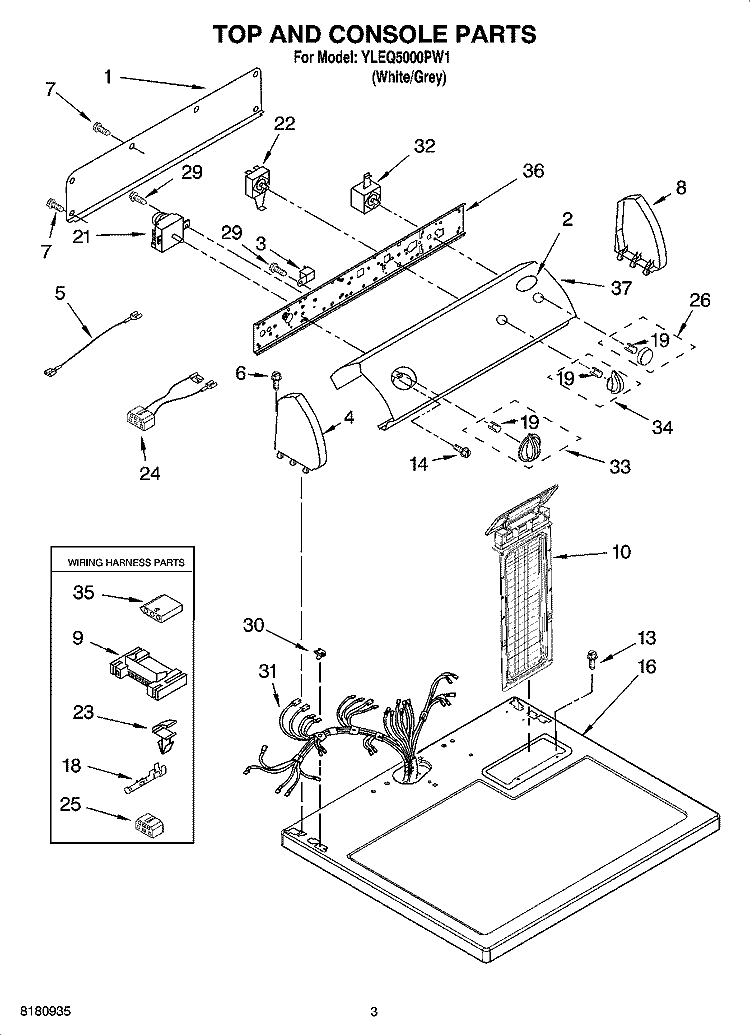 TOP AND CONSOLE PARTS Diagram and Parts List for YLEQ5000PW1  Whirlpool Dryer