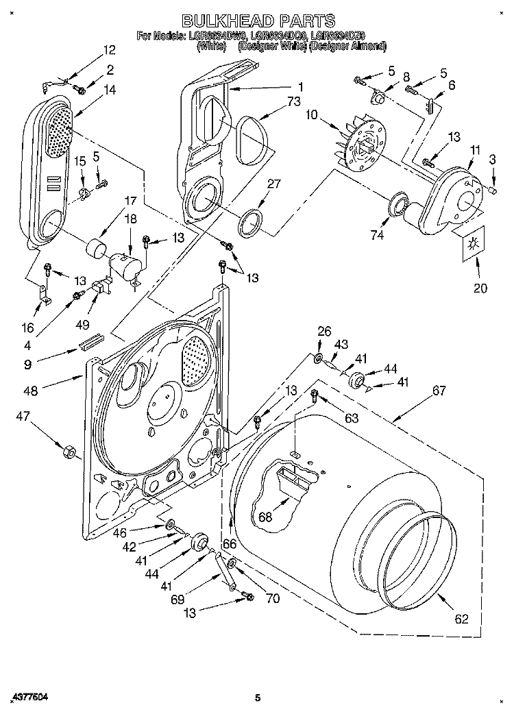 BULKHEAD Diagram and Parts List for LGR6634DZ0  Whirlpool Dryer
