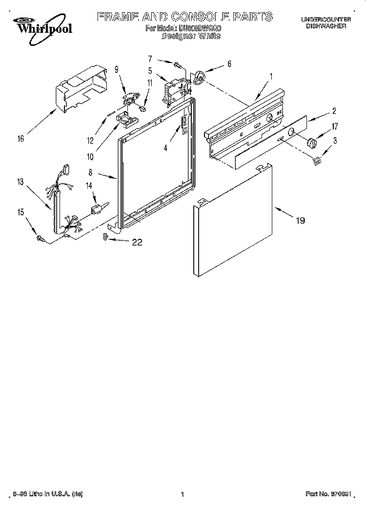 FRAME AND CONSOLE Diagram and Parts List for DU800DWGQ0  Whirlpool Dishwasher