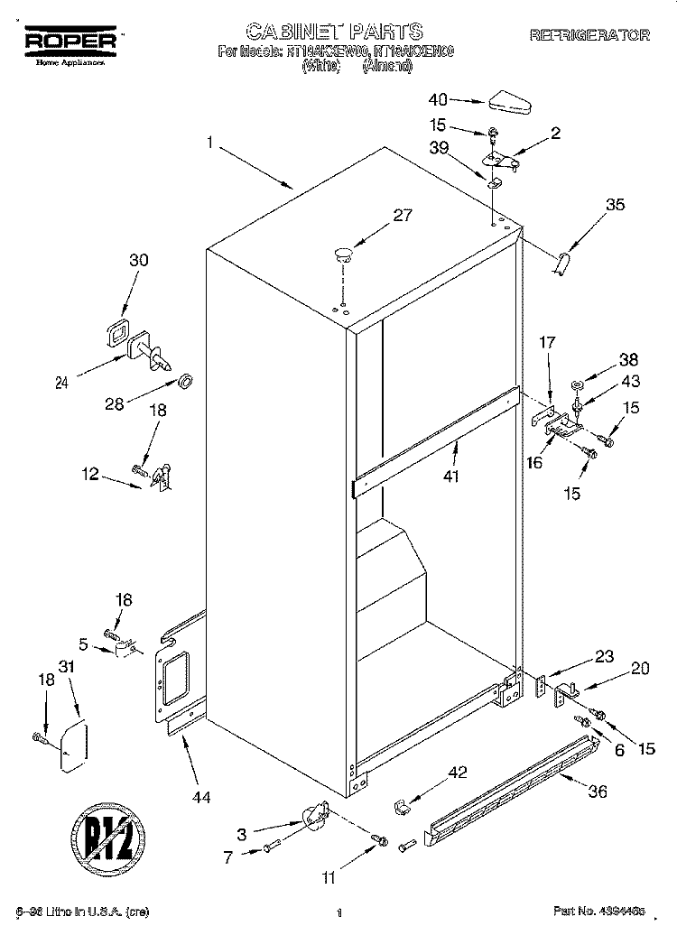 CABINET Diagram and Parts List for RT18AKXEN00  Roper Refrigerator