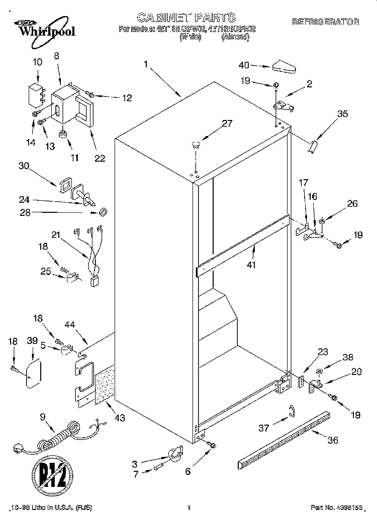CABINET Diagram and Parts List for 4ET18NKXFW02  Whirlpool Refrigerator
