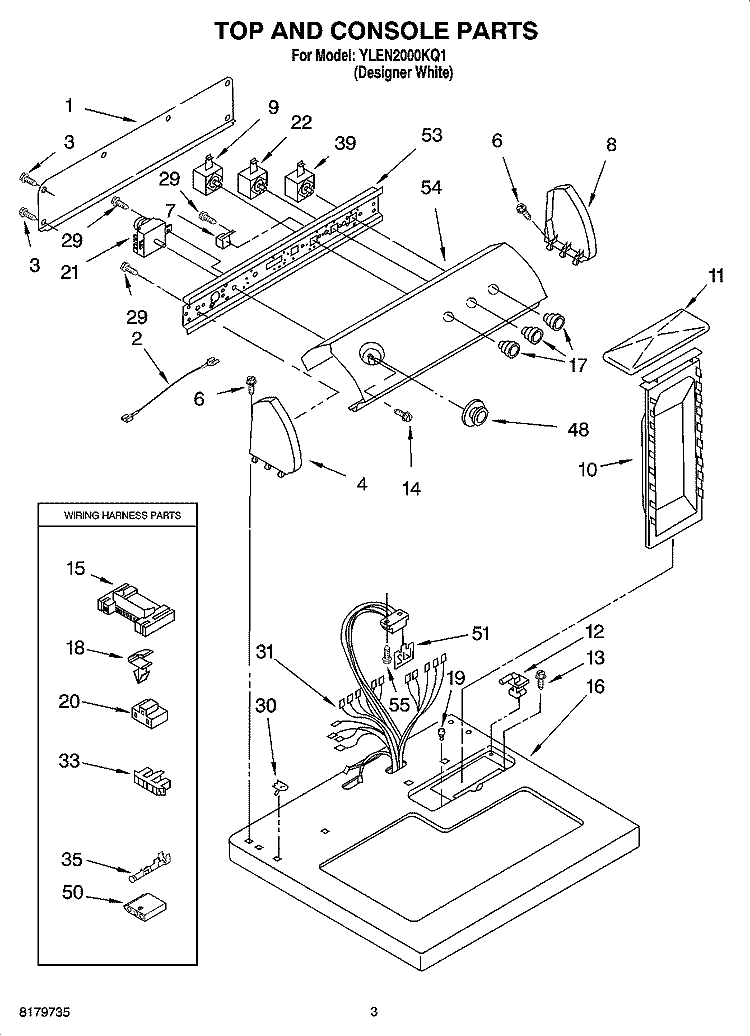 TOP AND CONSOLE PARTS Diagram and Parts List for YLEN2000KQ1  Whirlpool Dryer