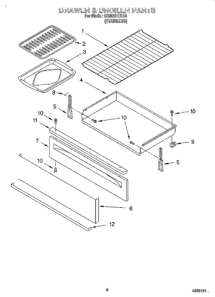DRAWER AND BROILER, OPTIONAL Diagram and Parts List for GS395LEHS4  Whirlpool Range