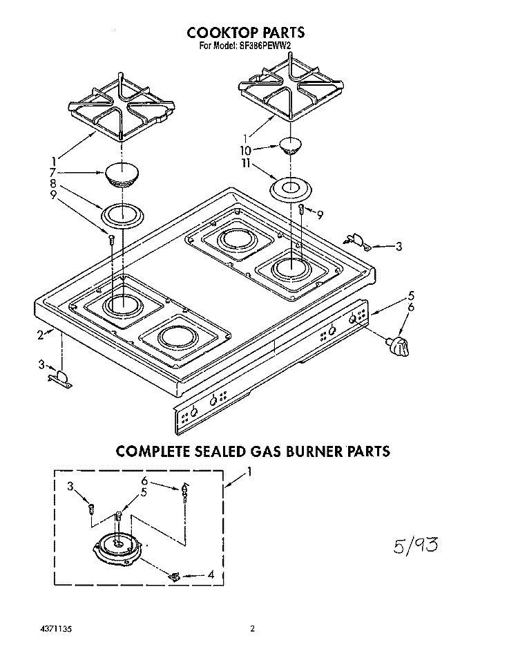 COOKTOP, COMPLETE SEALED GAS BURNER Diagram and Parts List for SF386PEWW2  Whirlpool Range