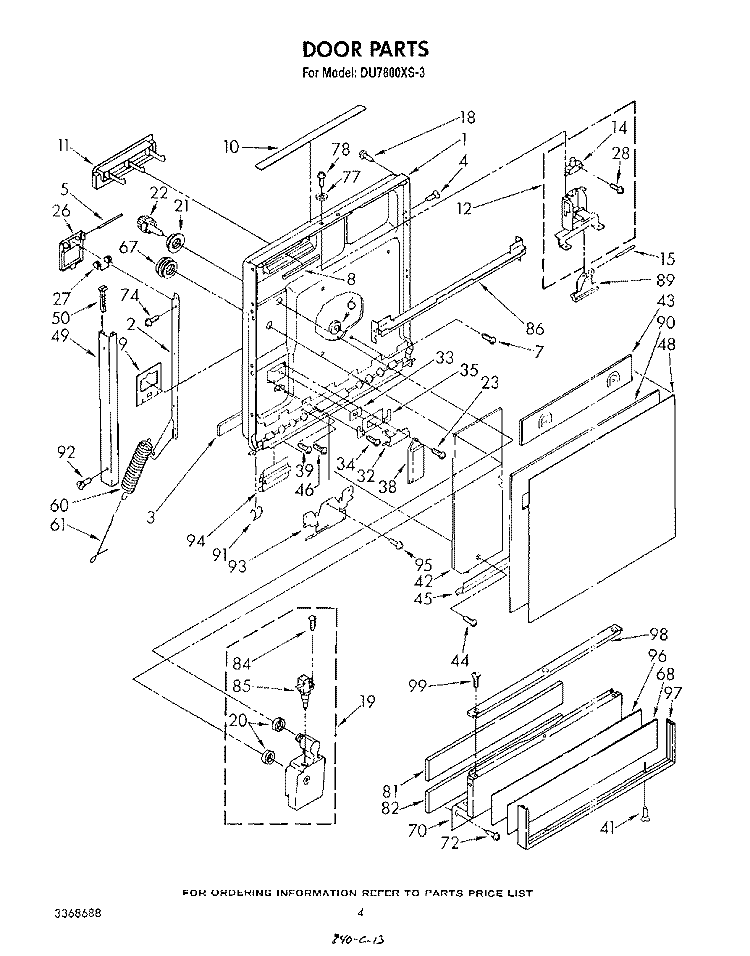 DOOR Diagram and Parts List for DU7800XS3  Whirlpool Dishwasher