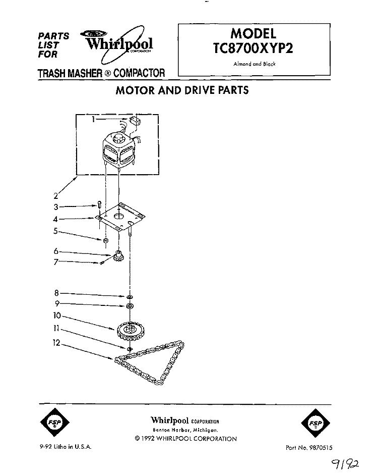 MOTOR AND DRIVE, LIT/OPTIONAL Diagram and Parts List for TC8700XYP2  Whirlpool Trash Compactor