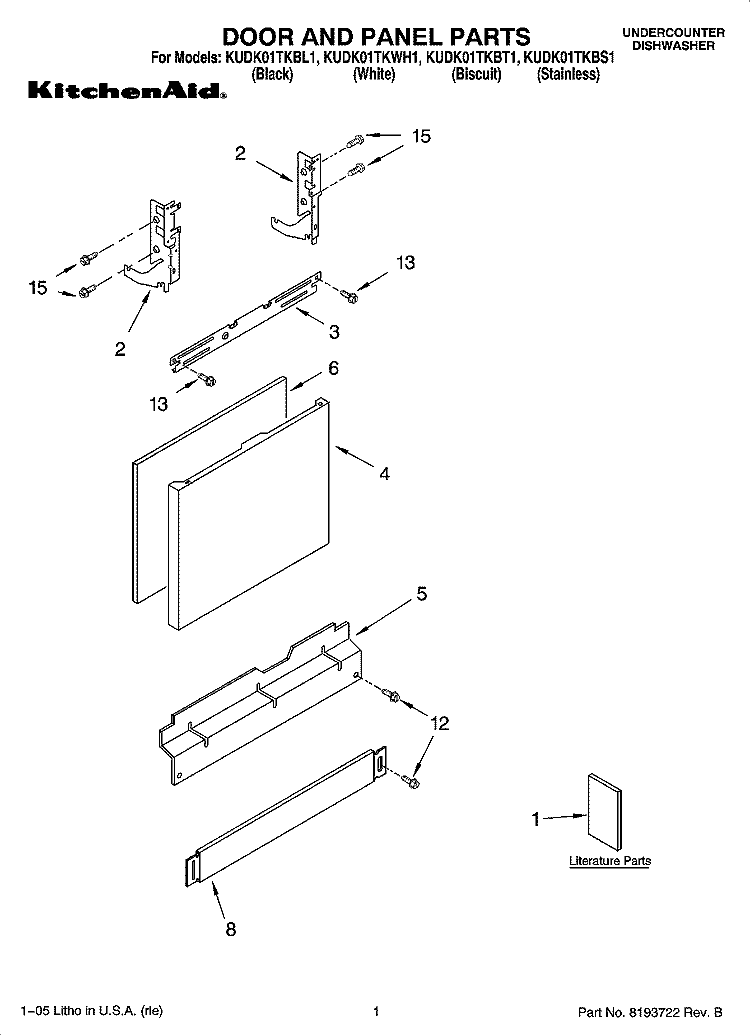 DOOR AND PANEL PARTS Diagram and Parts List for KUDK01TKBT1  KitchenAid Dishwasher