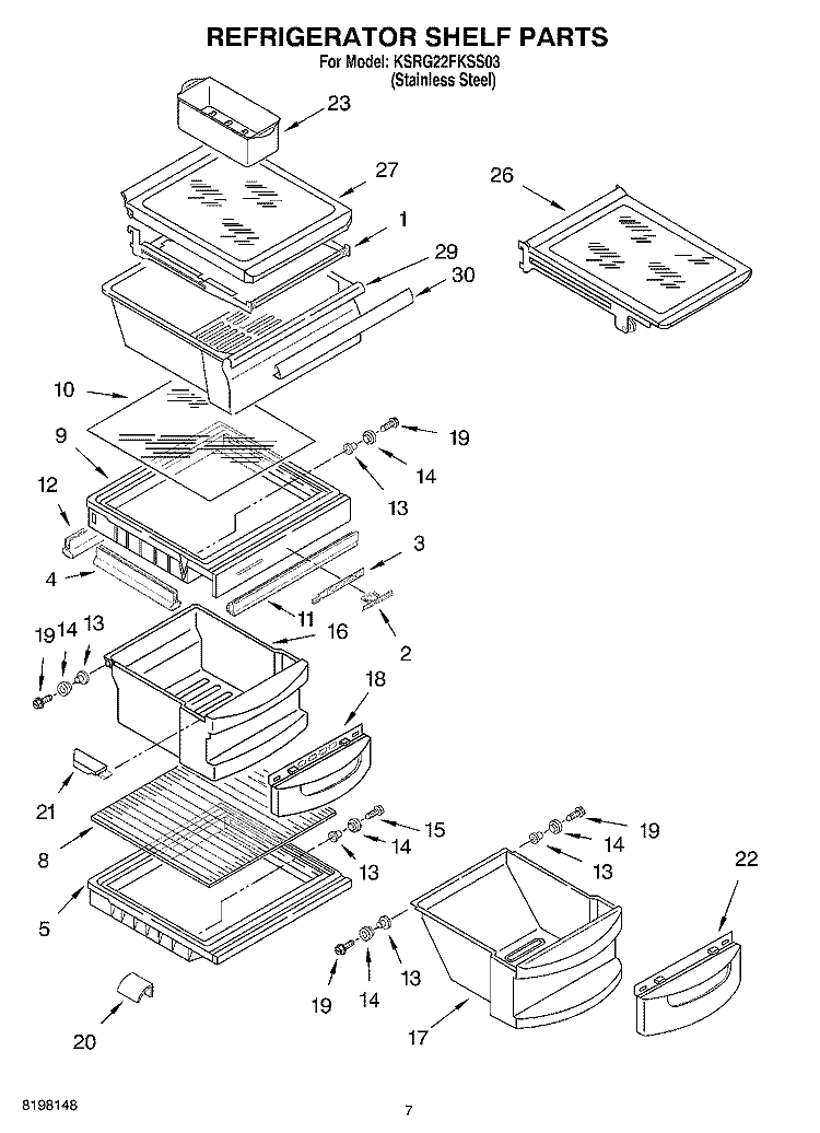REFRIGERATOR SHELF Diagram and Parts List for KSRG22FKSS03  KitchenAid Refrigerator