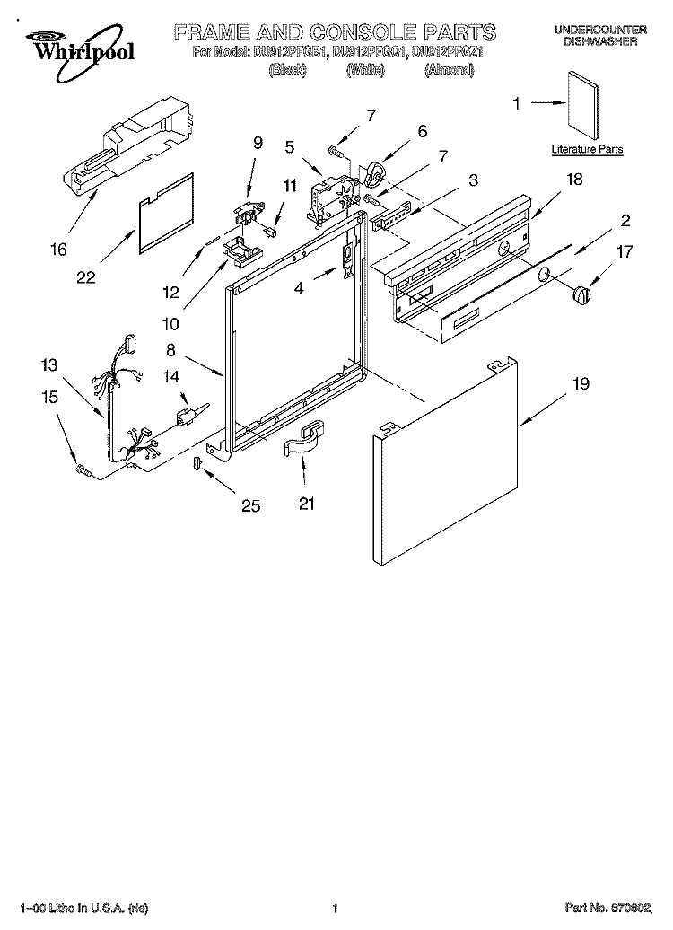 FRAME AND CONSOLE, LITERATURE Diagram and Parts List for DU912PFGB1  Whirlpool Dishwasher