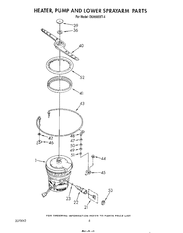 HEATER, PUMP AND LOWER SPRAY ARM Diagram and Parts List for DU8900XT4  Whirlpool Dishwasher