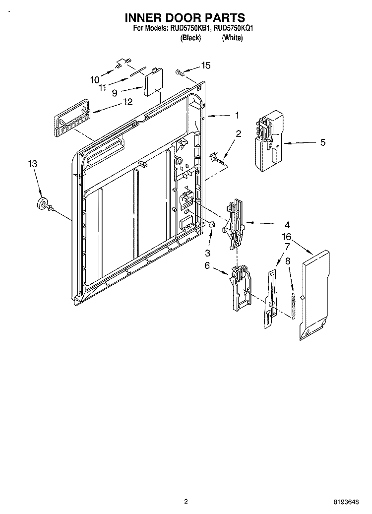 INNER DOOR Diagram and Parts List for RUD5750KQ1  Roper Dishwasher