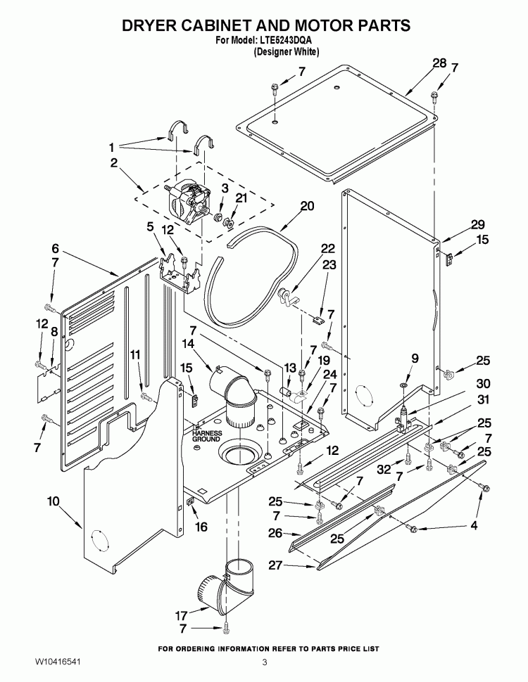 DRYER CABINET AND MOTOR PARTS Diagram and Parts List for LTE5243DQA  Whirlpool Washer Dryer Combo