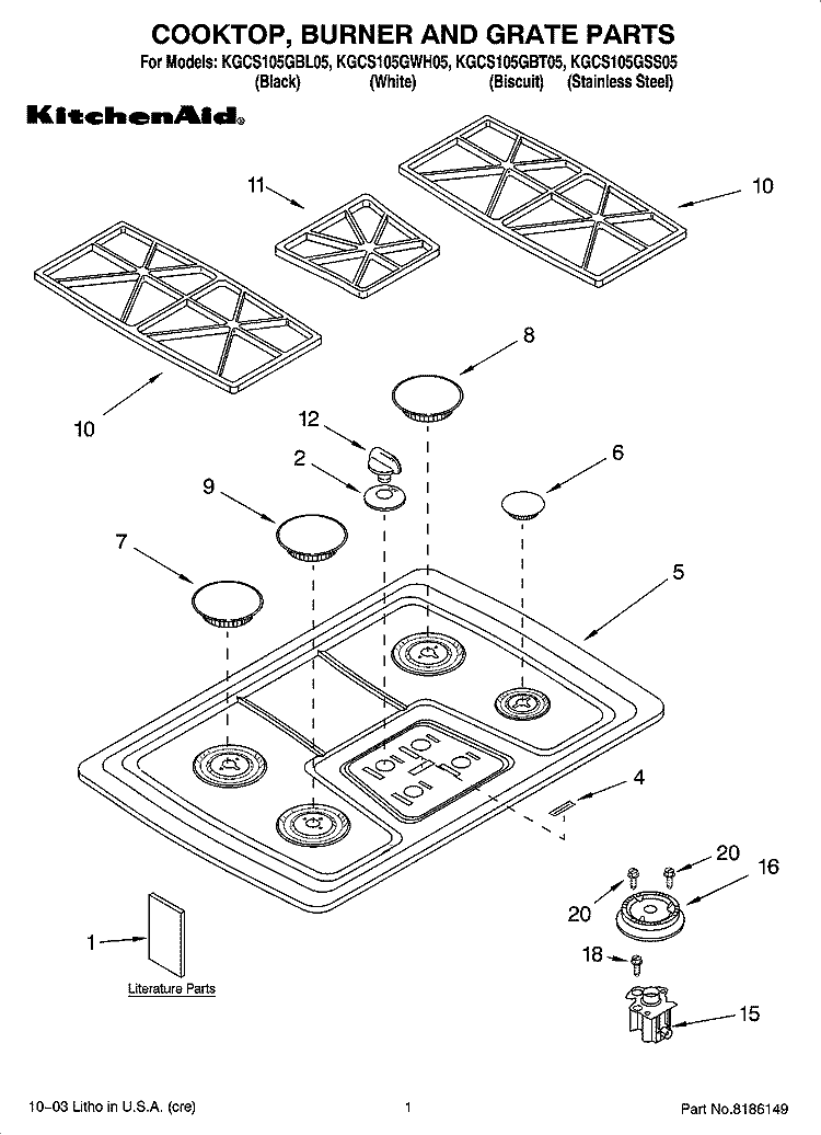 COOKTOP, BURNER AND GRATE PARTS Diagram and Parts List for KGCS105GSS05  KitchenAid Cooktop