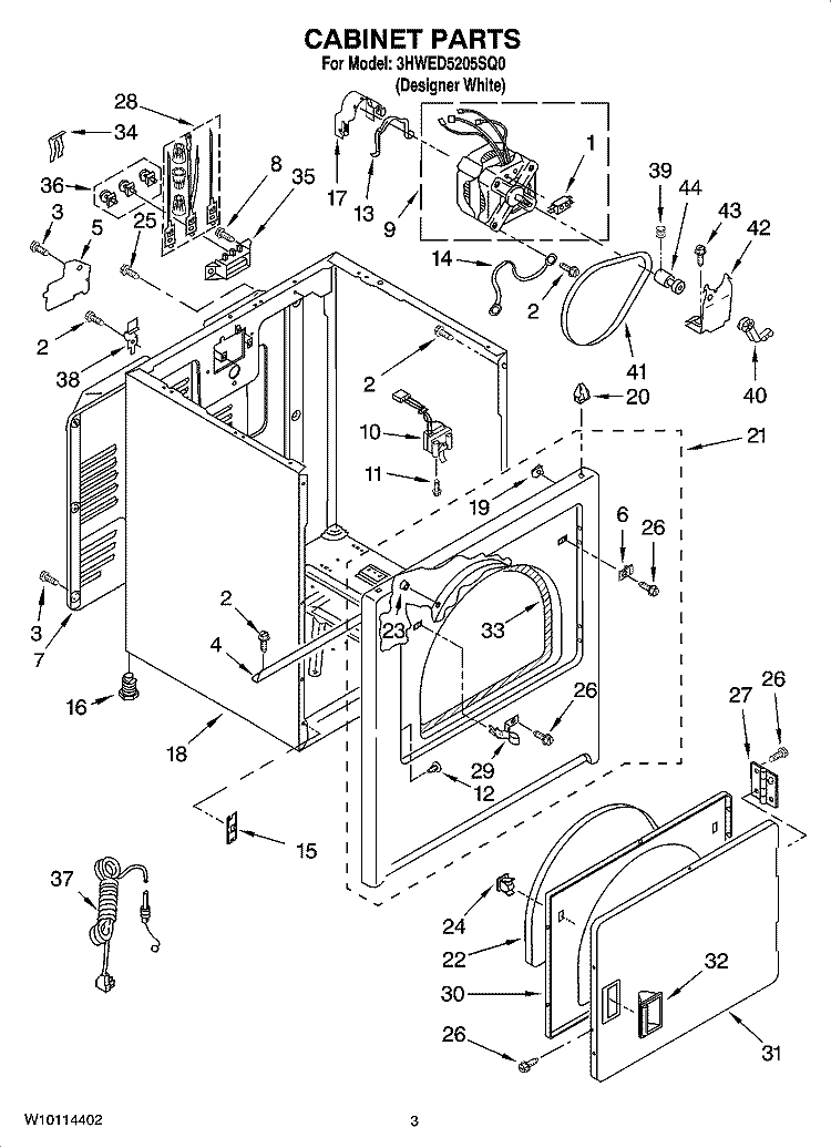 CABINET PARTS Diagram and Parts List for 3HWED5205SQ0  Whirlpool Dryer
