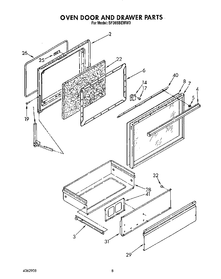 OVEN DOOR AND DRAWER Diagram and Parts List for SF365BEWN3  Whirlpool Range