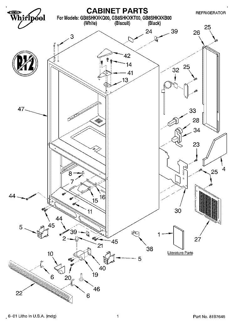 CABINET, LITERATURE Diagram and Parts List for GB8SHKXKB00  Whirlpool Refrigerator